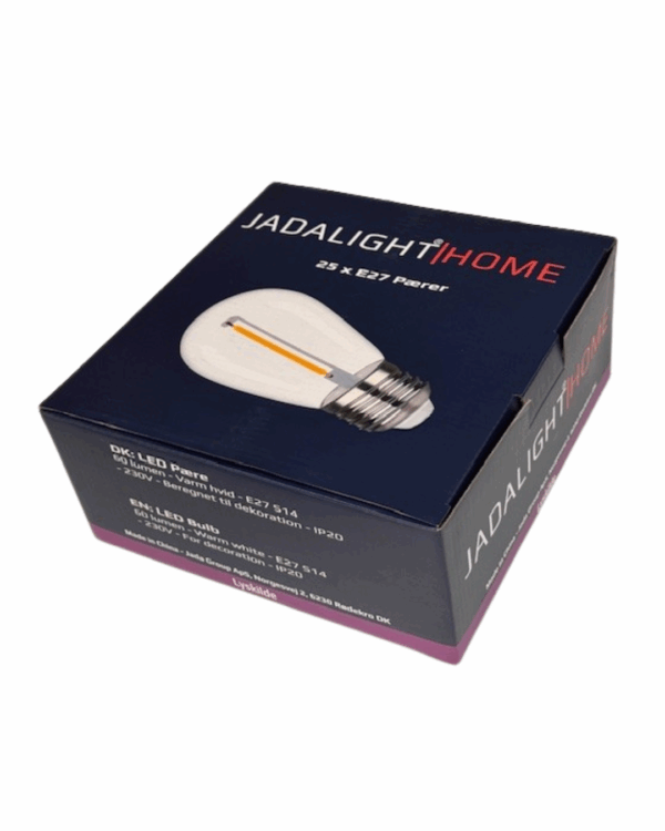 Produktæske fra JadaLight Home med 25 stk. E27 LED-pærer. Kassen er mørkeblå med illustration af en pære og specifikationer på dansk og engelsk.