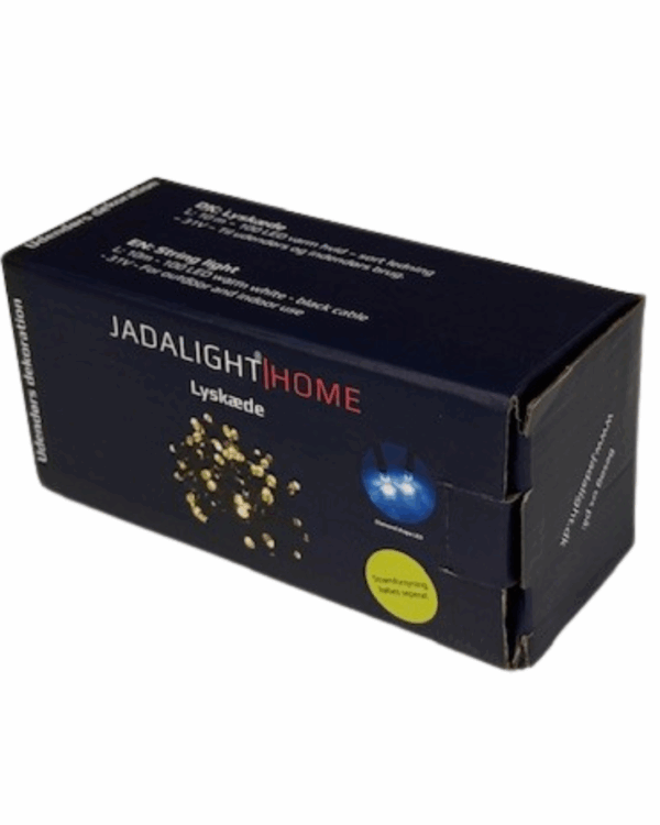 Mørkeblå æske fra JadaLight Home med billede af LED-lyskæde. Tekst angiver 100 LED varm hvid, sort kabel, til udendørs og indendørs brug.