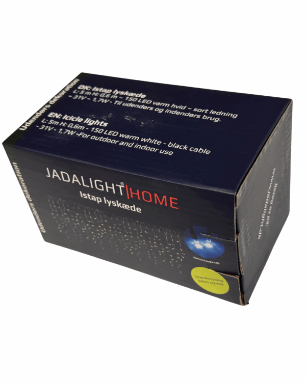Produktæske til JadaLight Home istap lyskæde med 150 varm hvide LED-lys på sort kabel, 5 meter længde, til både indendørs og udendørs brug.