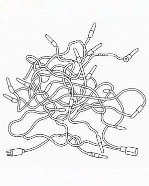 Sort stregtegning af en sammenfiltret professionel Jada string light LED-lyskæde med synlige stikforbindelser og ender, illustreret på hvid baggrund for at vise konstruktion og detaljer.