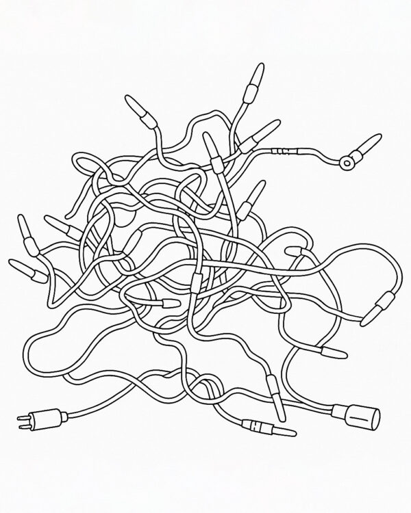 Sort stregtegning af en sammenfiltret professionel Jada string light LED-lyskæde med synlige stikforbindelser og ender, illustreret på hvid baggrund for at vise konstruktion og detaljer.