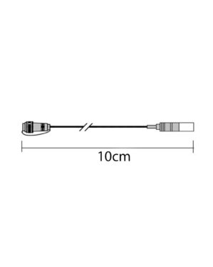 Teknisk tegning af et 10 cm forlænger kabel med hun- og hanstik i hver ende. Illustrationen viser kabeltype, længde og tilslutningsdetaljer til LED-systemer.