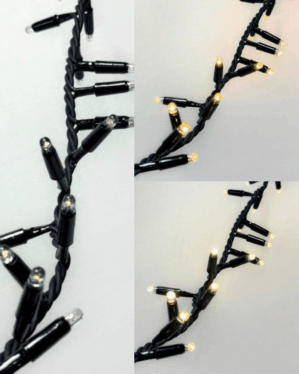 Professionel dualcolor lyskæde med sort ledning og to varmhvide lysfarver.