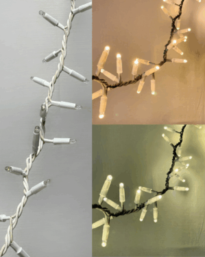 Professionel dualcolor lyskæde med mange LED, hvid ledning og to varmhvide lysfarver.