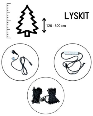 Illustration af JadaLight lyskædekit til juletræer fra 120-300 cm. Viser strømforsyning, forbindelseskabler og LED-lyskæder med sort kabel, samlet i et komplet installationssæt.