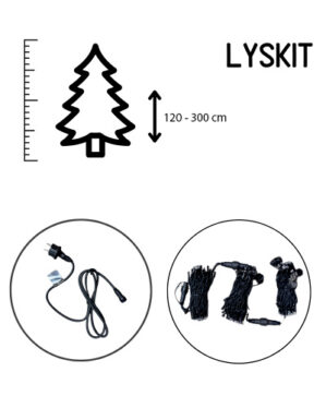 Illustration af JadaLight lyskædekit til juletræer i højder fra 120-300 cm. Sættet indeholder strømledning og LED-lyskæder klar til tilslutning med Jada Connect-systemet.