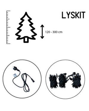 Illustration af JadaLight PRO lyskædekit til juletræer fra 120-300 cm. Viser strømledning og sorte LED-lyskæder til professionel brug udendørs og indendørs.