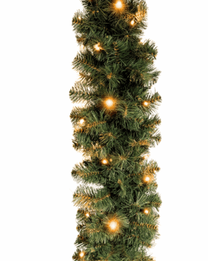 Tæt, fyldig granguirlande i Ø30 med varm hvide LED-lys, fotograferet mod hvid baggrund, ideel til professionel juleudsmykning, facader, indgange og dekorative installationer i både indendørs og udendørs miljøer.