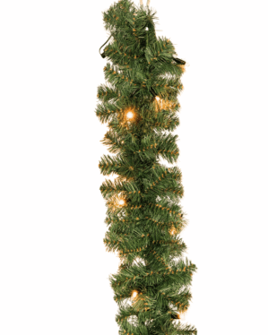 Tæt, grøn granguirlande i Ø18 med integrerede varm hvide LED-lys, fotograferet mod hvid baggrund, ideel til professionel juleudsmykning, facader, indgange og dekorative installationer både ude og inde.