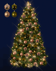 Juletræ med mørkegrønne og rose gold julekugler og LED lys