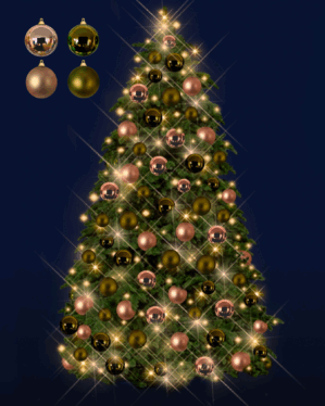 Juletræ med mørkegrønne og rose gold julekugler og LED lys