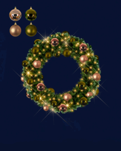 Kunstig grangrans med julekugler i farverne rose gold og dark lime green samt lyskæder