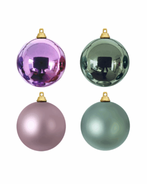 Julekugler i brandhæmmende plastik i farverne lavendel og moss pear