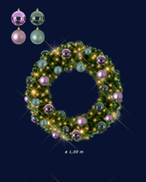 Kunstig grankrans med julekugler i lavendel og blågrønne farver