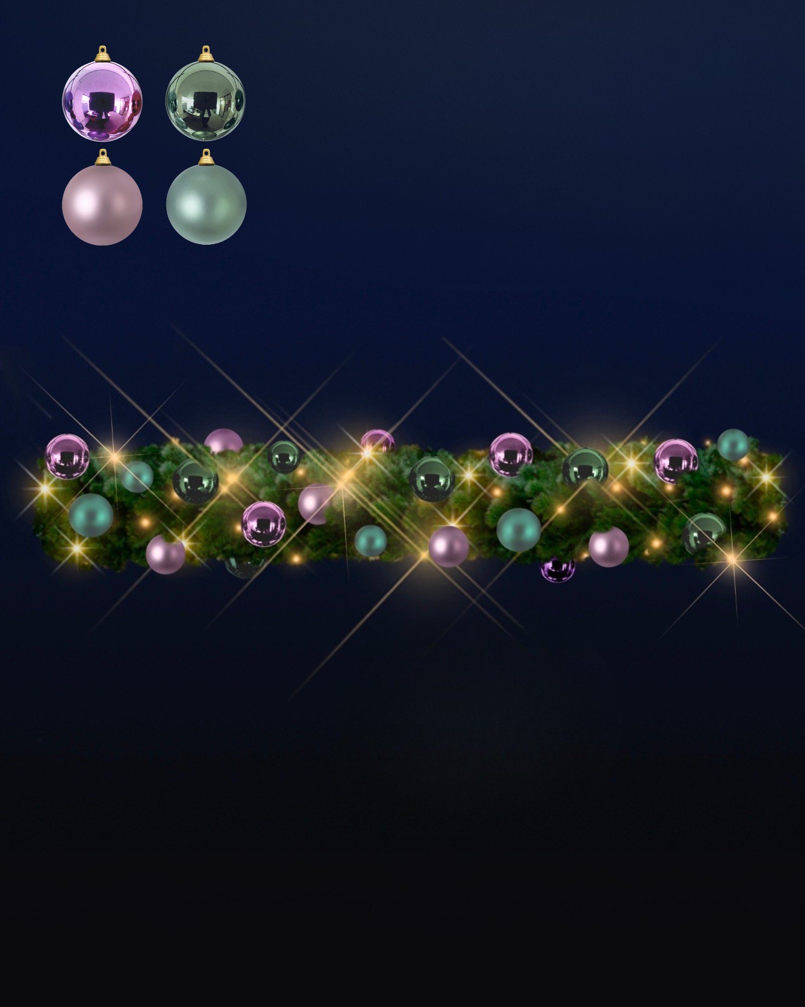 Granguirlande med julekugler i farverne lavender og moss pear