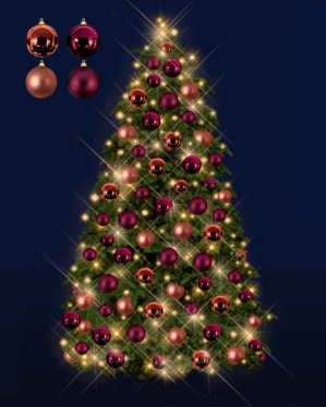 Kunstigt juletræ der er pyntet med julekugler i farverne old pink og cozy red