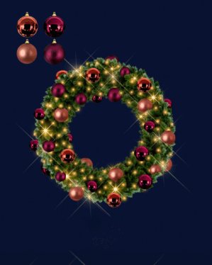 Grankrans med julekugler i farverne Old Pink og Cozy Red