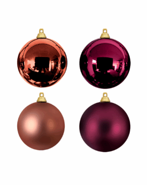 Plastik julekugler i farverne Old Pink og Cozy Red