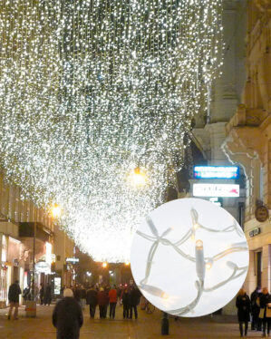 Gågade dækket af tæt loft af varme hvide LED-lyskæder, der skaber julestemning. Indsat nærbillede viser LED-pærer på hvidt kabel til udendørs brug.