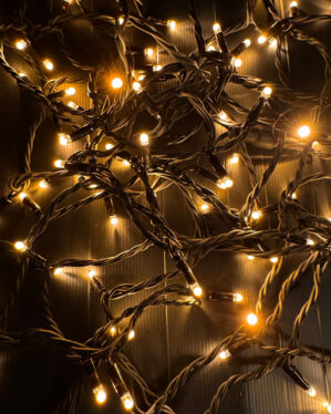 Nærbillede af JadaLight LED-lyskæde med varm hvid belysning på mørkt kabel. Lysdioderne giver et blødt, hyggeligt skær, ideelt til juletræer og dekorationer.