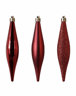 Sæt med tre aflange røde ispig i forskellig finish - blank, mat og glitrende. Elegant julepynt til klassisk træudsmykning eller moderne juledekorationer.