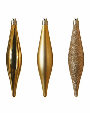 Sæt med tre aflange gyldne julekugler i shiny, mat og glitrende finish. Eksklusiv julepynt, der tilfører varme og elegance til juletræet eller dekorationer.