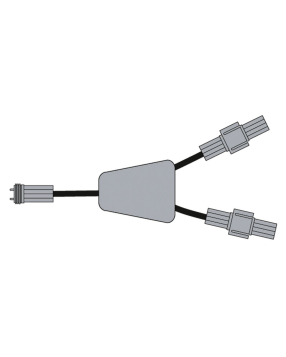 Illustration af en dobbelt fordeler med ét indgangsstik og to udgange, designet til LED-lyskæder og udendørs installationer. Vist med sorte kabler og grå stik. Produktet er dog med brun PVC-kabel.