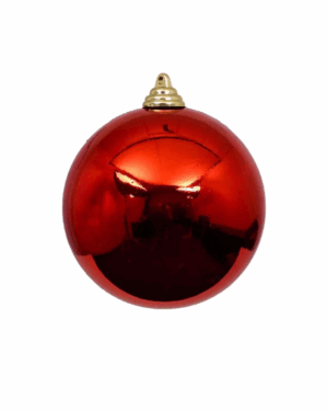 Rød skinnende julekugle i slidstærkt plast med gylden ophængskrog, velegnet til professionel juleudsmykning på træer, centre og events med fokus på holdbarhed og finish kvalitet.
