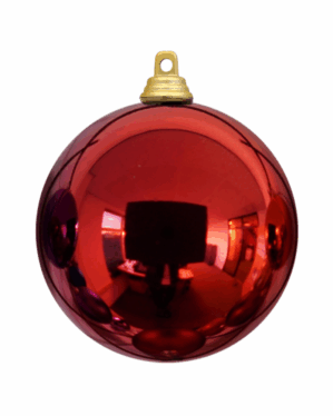 Rød skinnende julekugle i slidstærkt plast med gylden ophængskrog, velegnet til professionel juleudsmykning på træer, centre og events med fokus på holdbarhed og finish kvalitet.
