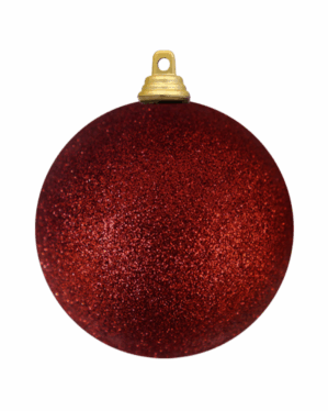Rød glitter julekugle i slidstærkt plast med gylden ophængskrog og grøn wire, ideel til professionel juleudsmykning på træer, centre og events med fokus på holdbarhed og visuel glans.
