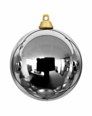 Sølvfarvet blank julekugle i slagfast plast med refleksiv overflade og sølvophæng, velegnet til professionel juleudsmykning på træer, centre og events med fokus på elegance holdbarhed.