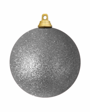 Sølv glitter julekugle i slagfast plast med skinnende overflade og sølvophæng, velegnet til professione og private juleudsmykning på træer, dekorationer og events inde og ude året rundt.
