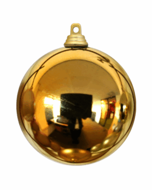 Guld shiny julekugle i slagfast plast med spejlende overflade og guldfarvet ophæng, ideel til professionel juleudsmykning på træer, dekorationer og events inde og ude året.