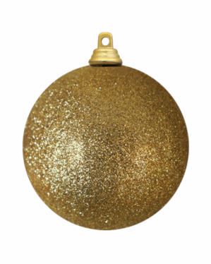 Gylden julekugle med glitrende overflade og dekorativ krone, fremstillet i slidstærkt materiale, velegnet til private og professionel juleudsmykning på træer, dekorationer og events inde og ude miljøer.