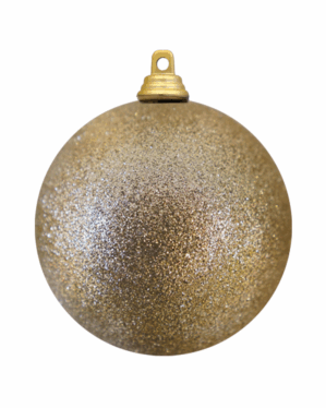 Glitrende champagnefarvet julekugle med fin glitteroverflade og sølvkrone, der giver et eksklusivt udtryk - ideel til juletræer, dekorationer og professionelle juleinstallationer både inde og ude.