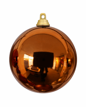 Skinnende kobberfarvet julekugle med spejlende overflade og guldfarvet ophæng, velegnet til juletræer, dekorationer og professionelle juleinstallationer i butikker, hjem og offentlige rum.