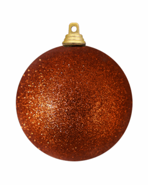 Glitrende kobberfarvet julekugle med tæt glitteroverflade og guldfarvet ophæng, der reflekterer lyset smukt og giver et eksklusivt udtryk til juletræer og dekorationer.