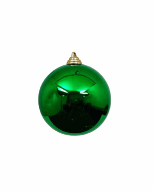 Skinnende grøn julekugle med spejlblank overflade og gyldent ophæng, der reflekterer omgivelserne og giver et klassisk, elegant udtryk til juletræer og dekorative installationer indendørs udendørs.