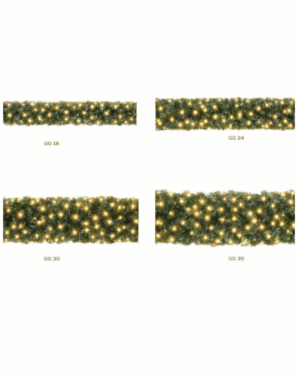 Fire kunstige granguirlander i forskellige tæthedstyper mærket GG18, GG24, GG30 og GG35, dekoreret med varm hvide statiske LED-lys på grønne nåle til jule- og vinterdekoration.