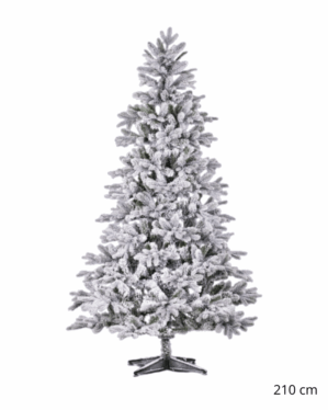 Kunstigt sneklædt juletræ på 210 cm med fyldige, naturtro grene og stabil metalfod, ideelt til imponerende juleudsmykning i hjemmet, butikker eller professionelle miljøer.