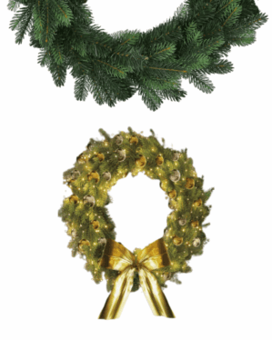 Dekorativ krans fra Wreath Series Oregon MIX PE med naturtro grene, varm LED-belysning, gyldne kugler og sløjfe, ideel til stemningsfuld juleudsmykning inde og ude.