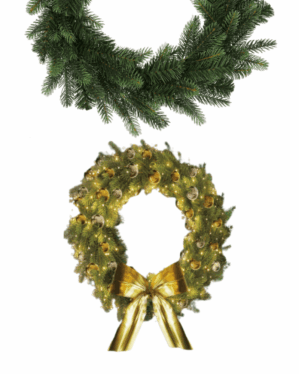 Dekorativ krans fra Wreath Series Nevada II MIX PE med naturtro grene, varm LED-belysning, gyldne kugler og stor sløjfe, velegnet til elegant juleudsmykning inde og ude.
