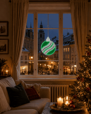 2D julekugle med grøn og kold hvid LED placeret i vindue.