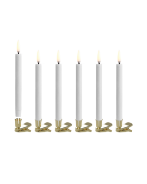 LED mini taper candle w. gold finish clips, White, 6-pack