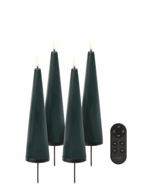 Fire mørkegrønne kegleformede LED bloklys med spikes og med fjernbetjening.