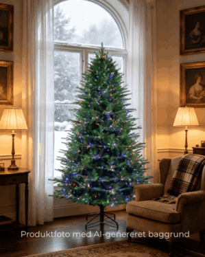 Kunstigt juletræ fra Nordic Fir tree på 1,98 meter stående i en stue.
